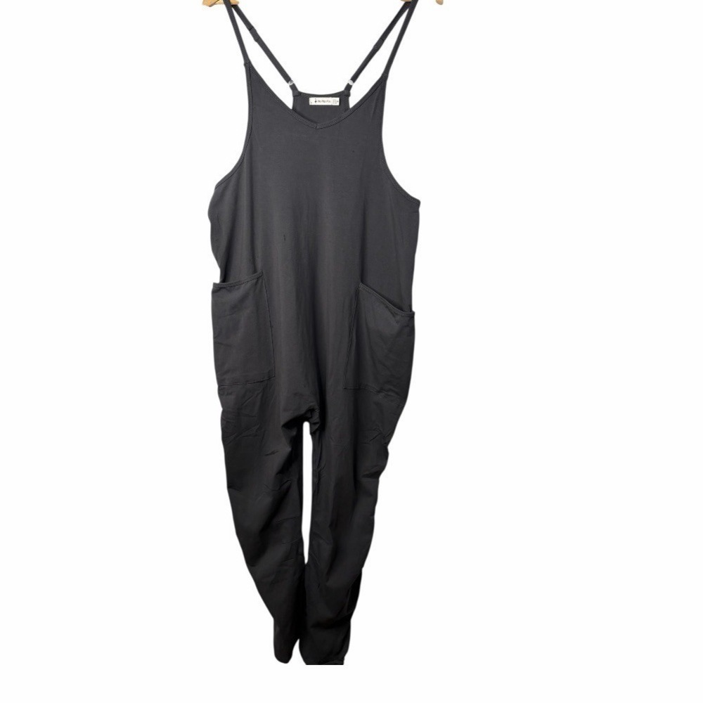 Slouchy Boho Gray Harem Jumpsuit Spaghetti Strap Pockets Comfy Small - Picture 4 of 8